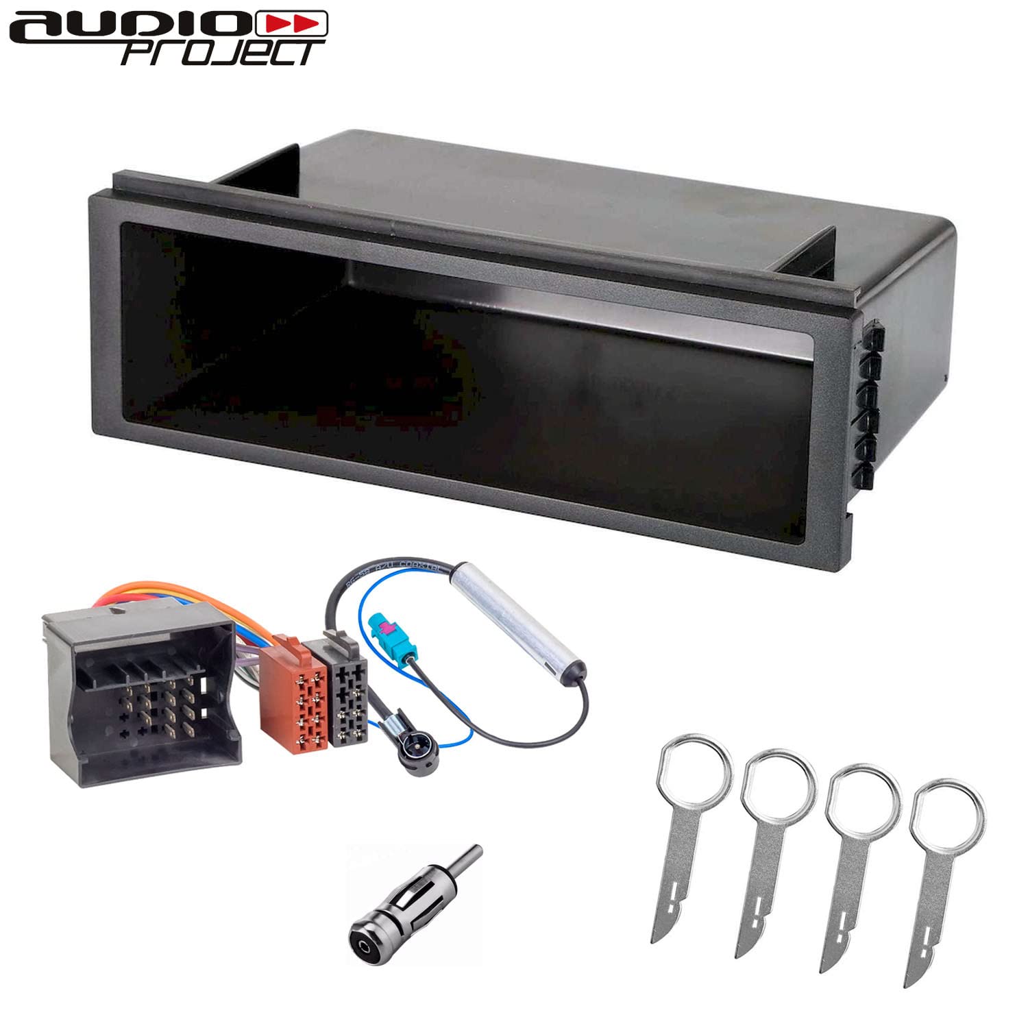 Audioproject A257 - Autoradio Einbau-Set Radioblende Fach 1DIN Radio für VW Polo 9N / 9N3 Lupo Golf 4 T4 T5 Passat - Radioadapter 2 x Antennenadapter Fakra DIN ISO 4 x Entriegelungsbügel