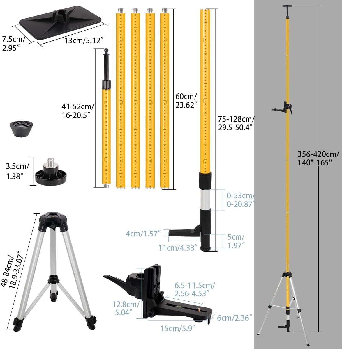Asta telescopica per livellamento laser con treppiede, allungabile fino a 4,2 m, con supporto laser da 1/4" x 20", con dado adattatore da 5/8"-11
