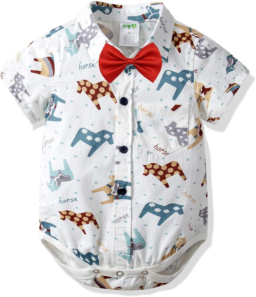 Newborn Baby Boys Romper Clothes Animals Print Short Sleeve Onesie Bodysuit Jumpsuit (Horse, 0-9 M/70)