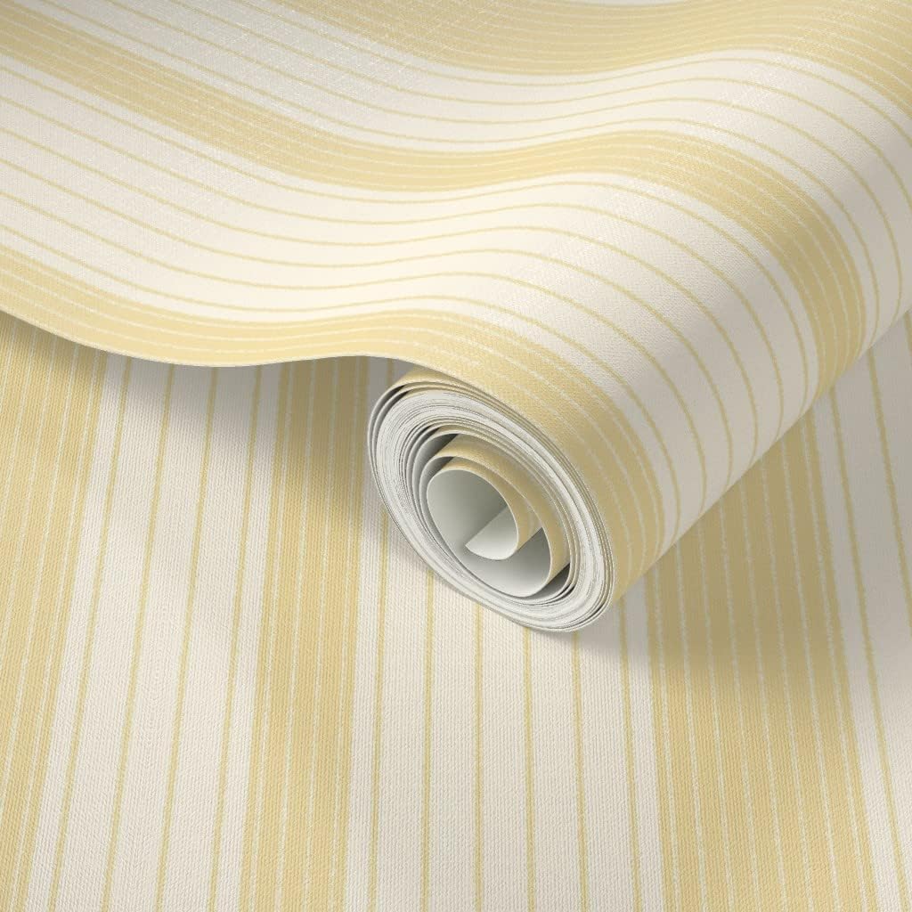 Peel & Stick Wallpaper 3ft x 2ft - French Ticking Stripe Yellow Cream Cosmic Latte Country House Custom Removable Wallpaper by Spoonflower