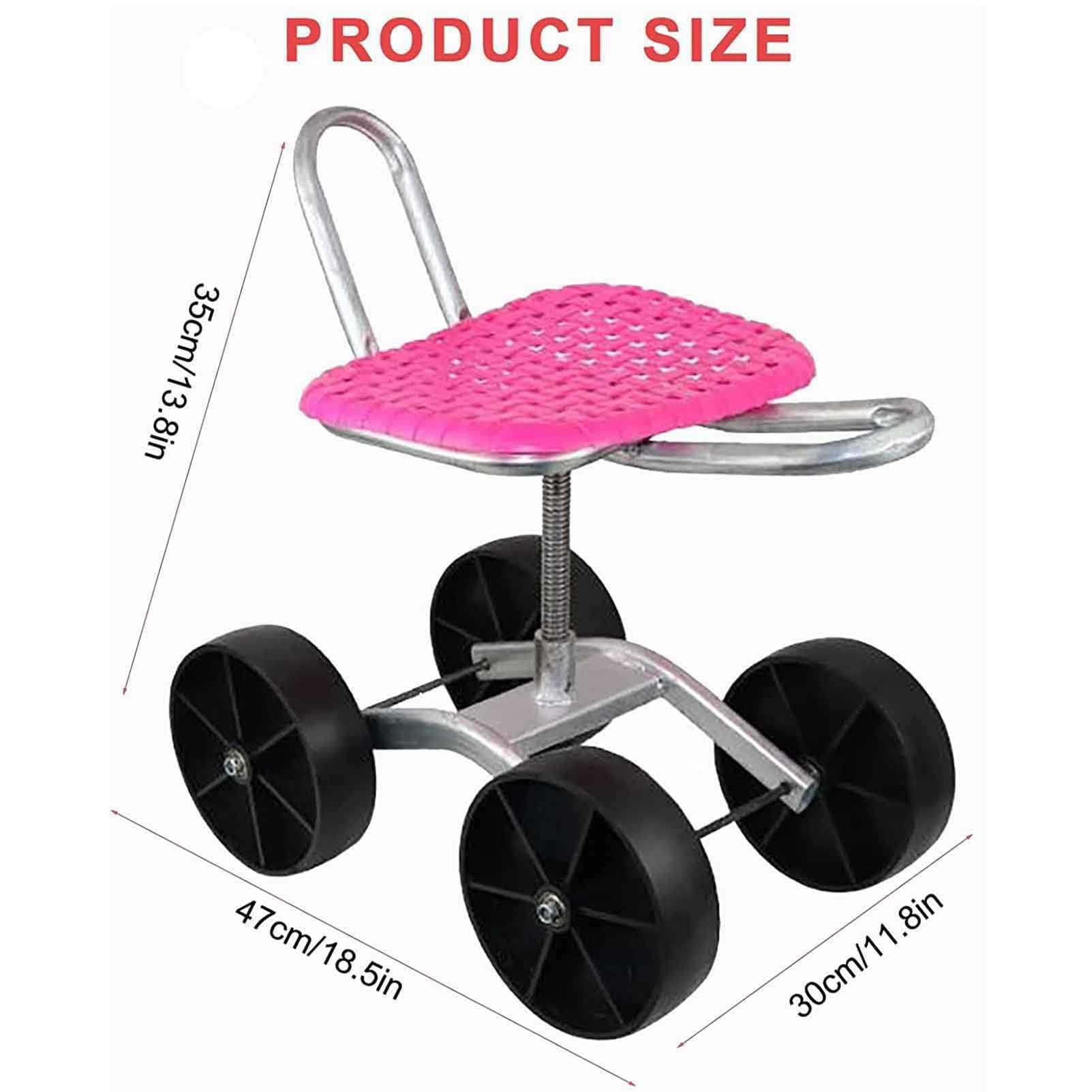 Seggiolino da lavoro da giardinaggio con 4 ruote, rotazione a 360°, altezza regolabile, carrello pieghevole per diserbo, piantare, cura del prato, rosa