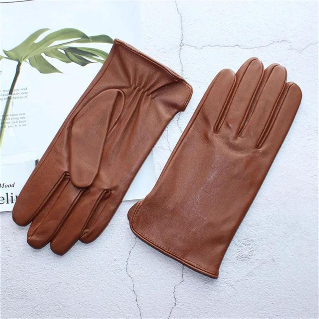 Herren-Handschuhe aus Schaffell, einfarbig, dünn, Leder, ungefüttert, Touchscreen, geriffelt, Motorradhandschuhe, Gelbbraun, Größe 9