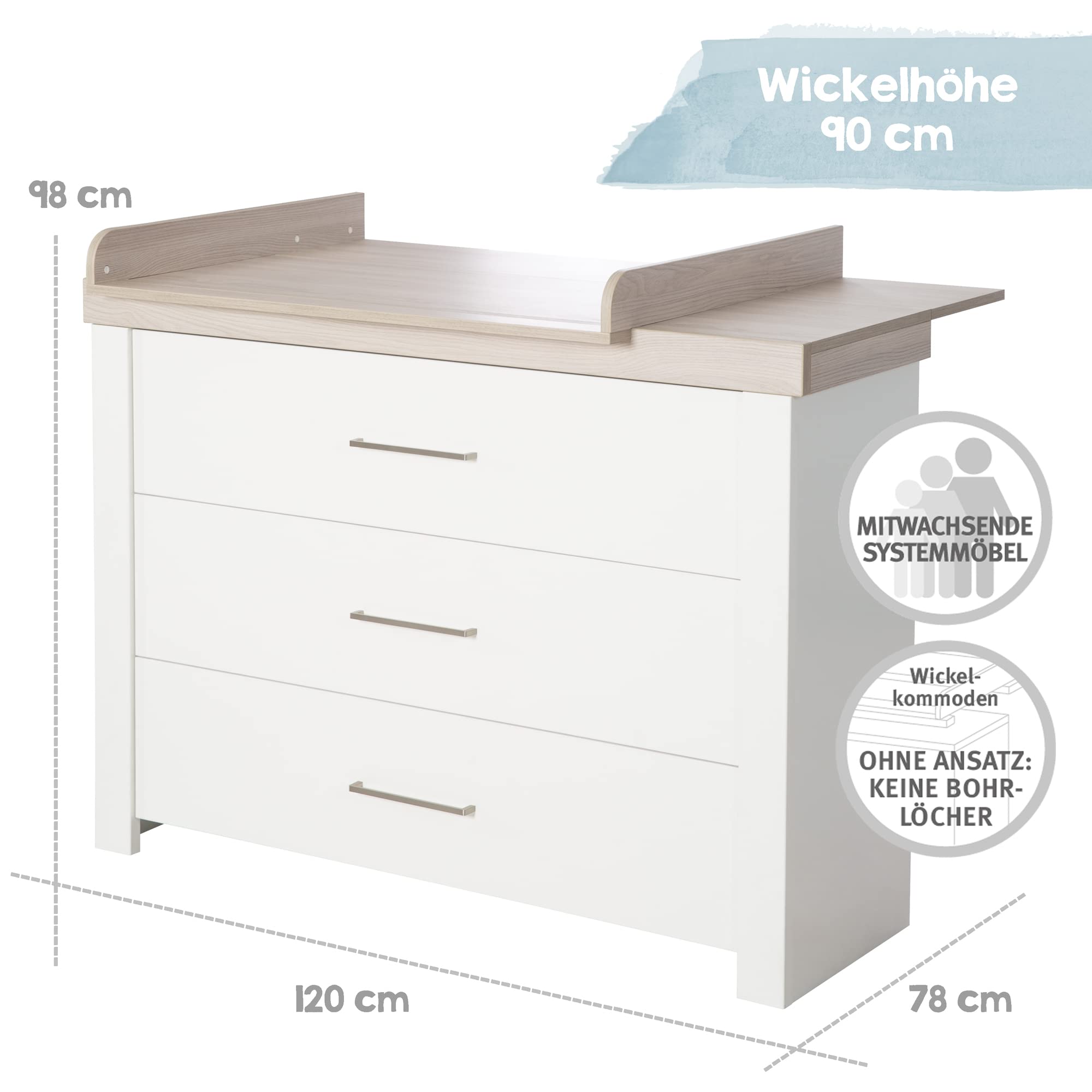 roba Komoda do przewijania „Lucy“ z nakładką do przewijania, z mechanizmem Soft-Close, 3 szuflady, wysokość przewijania 90 cm