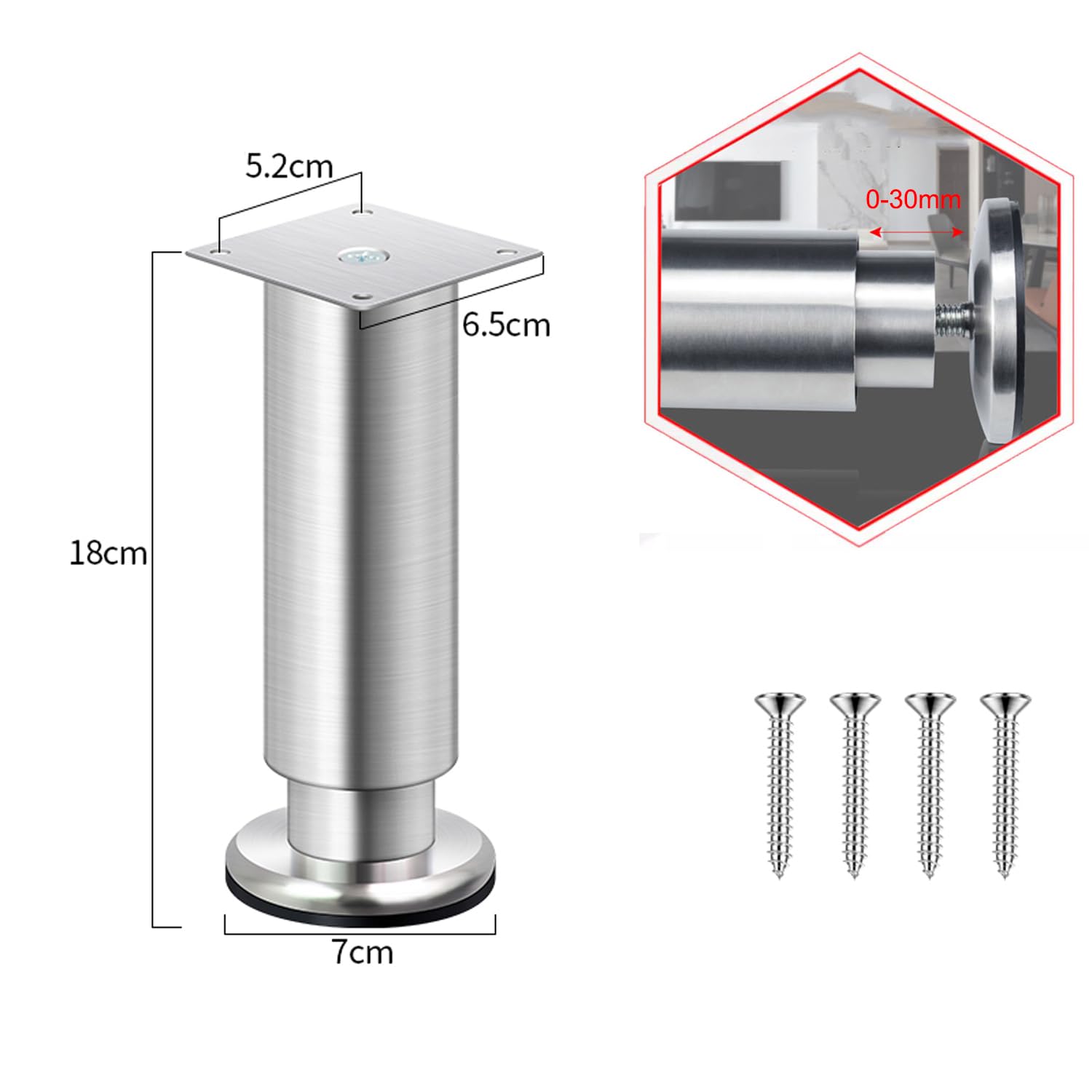 Gambe regolabili per tavolo in acciaio inox, confezione da 4 piedini di ricambio per divano, sedia, scrivania, panca, tavolino da caffè, armadietto, con viti