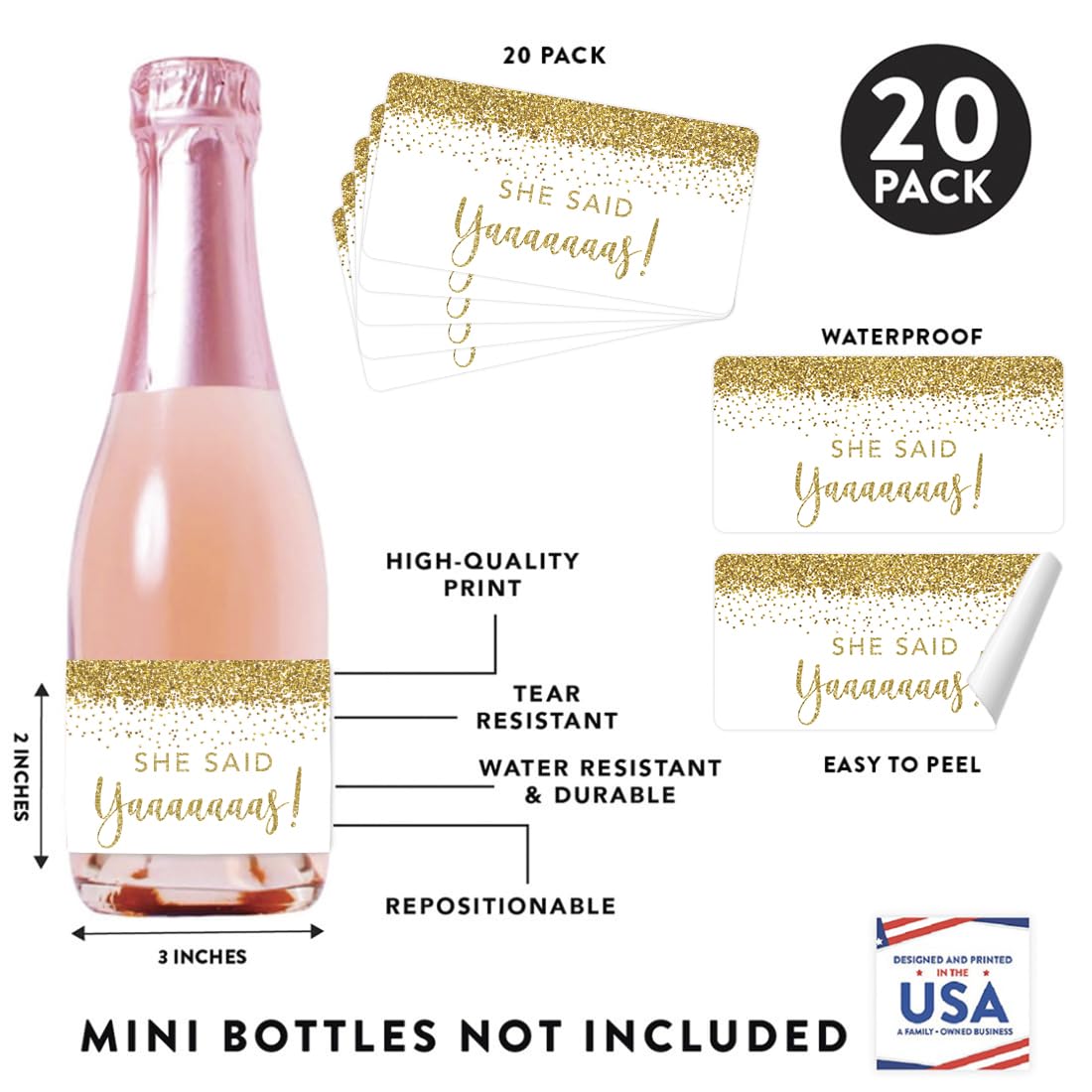 Andaz Press Bachelorette Mini Wine Labels For Bottles, She Said Yaaaaaaas!, Faux Gold Glitter 20-Pack Custom Mini Champagne Bottles Bulk Waterproof Mini Wine Bottle Labels For Champagne Bottle