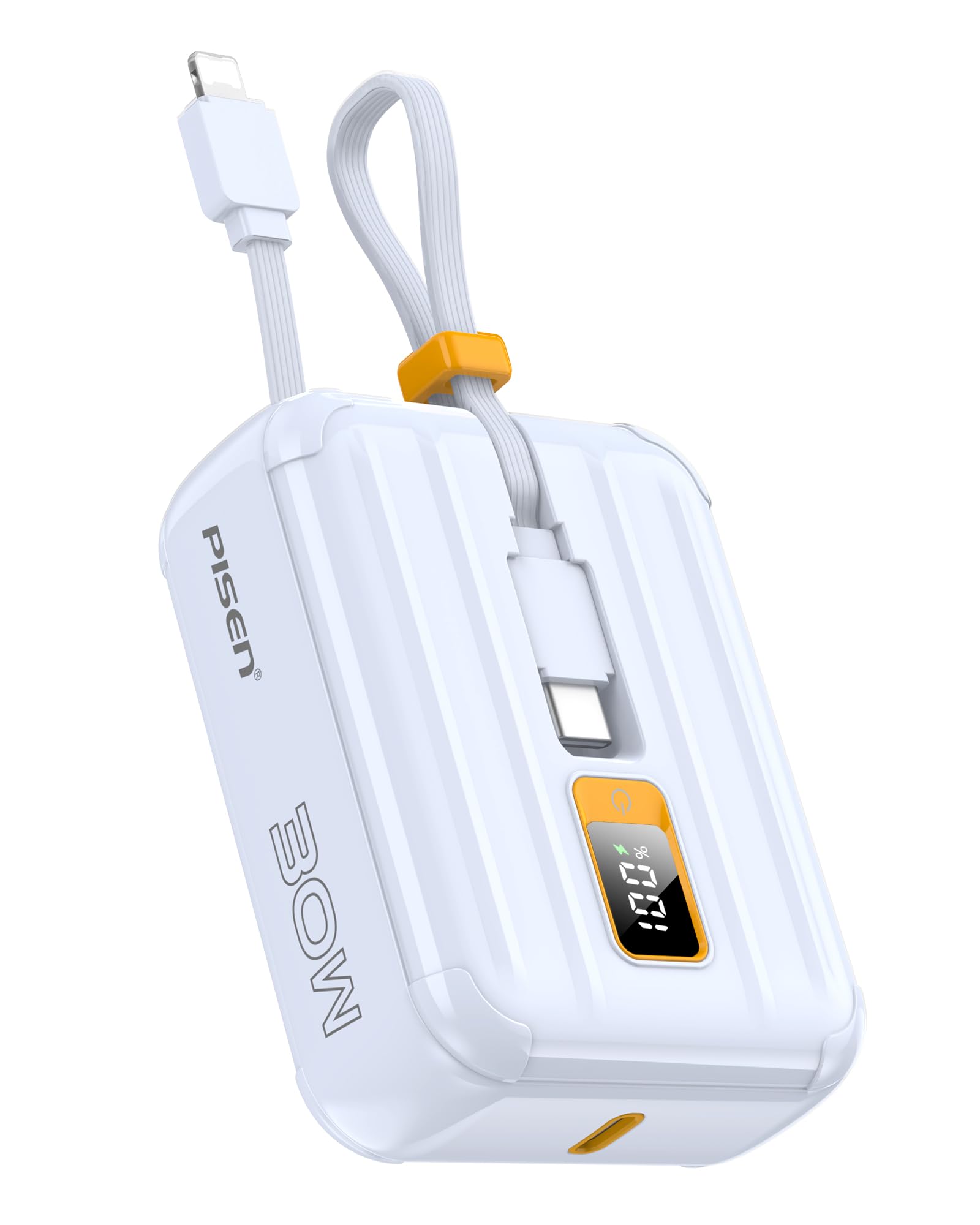 PISEN 10000mAh Portable Power Bank - Fast Charger with Built-in USB Cables, 30W High Speed Charging USB C Battery Pack, Mini LED Display Powerbank for