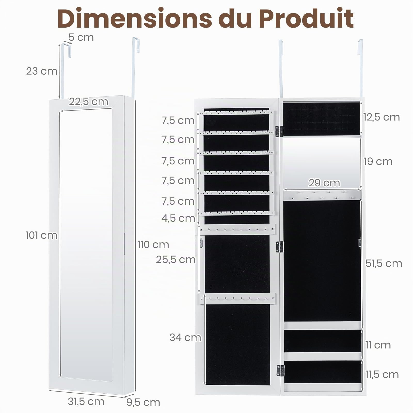 GOPLUS Armoire à Bijoux Mural avec Miroir et 3 Niveaux d’Étagère Intégrée, Armoire de Rangement Cosmétiques Accrochée à la Porte avec Divers Compartiments, Convient pour Salon,Chambre (Blanc)