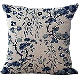 ChezMax Blue and White Porcelain Chair Back Cushion Cover Linen Throw Pillow Case Cotton Pillowslip Square Decorative Pillowcase for Kitchen Chinese Flowers 18 X 18''