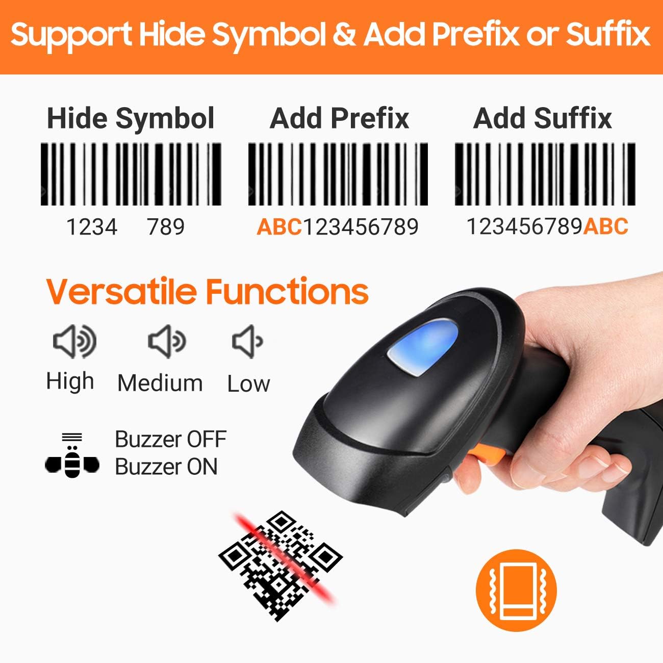 Tera Pro Series Lector de código de Barras con cámara de 1 MP Escáner de código de Barras 2D QR 1D Escaneo de Alta Velocidad Inalámbrico 2.4G y Bluetooth con estación de Carga, HW0007 Naranja