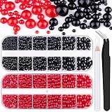 Belleboost Flat Back Pearls Kits 1 Box of Flatback Black+1 Box of Red Half Round Pearls with Pickup
