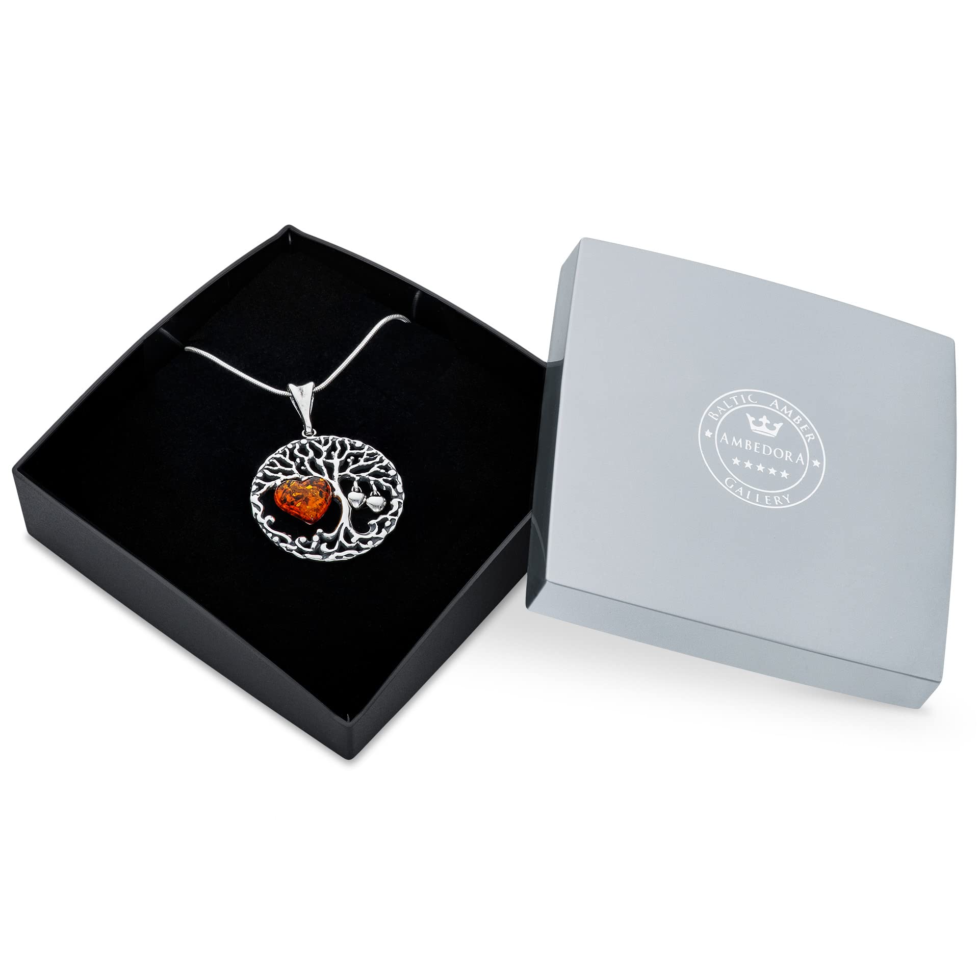 Collar de Mujer de Plata Estelina Oxidada, Corazón de Ámbar Báltico, Colgante Árbol de la Vida Celta con Corazón de Ámbar en Cadena