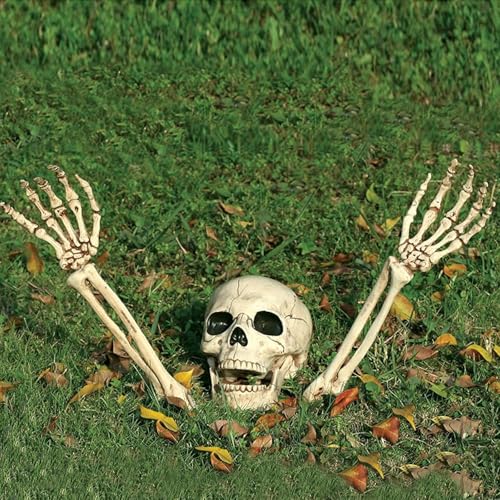 Jonami Decorazioni di Halloween Scheletro Finto, Set Realistico (3 pz.) Teschio e Braccia, Testa e Mani Spaventosi per Decorazione Casa, Giardino, Prato, ecc. Festa di Halloween.