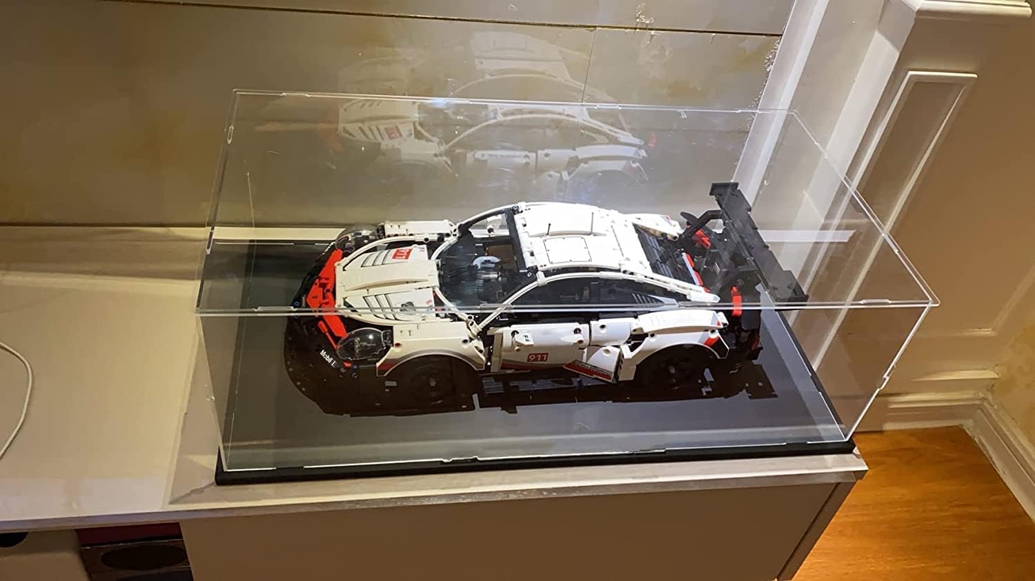 Large Clear Acrylic Display Case Box with Wood Base for Lego 42056 42083 42096 42143 Transparent Stand Self-Assembly Dustproof Protection Showcase Storage, Black Inside 23.6x11.8x7.9inch