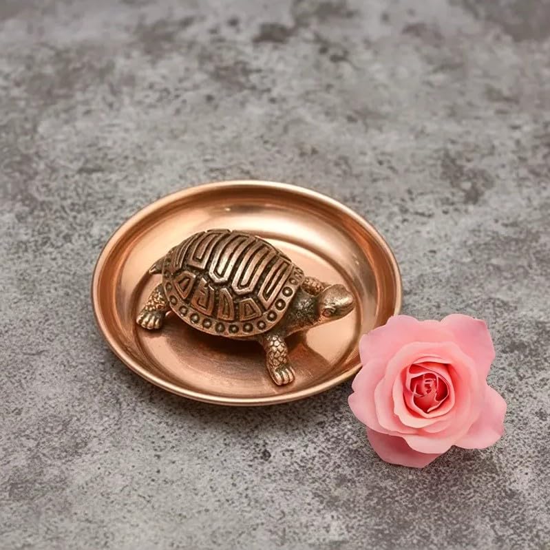 Image of Copper Tortoise Idol for Feng Shui & Vastu | Handmade Lucky Turtle Showpiece for Table Top, Home Temple, Office Desk & Spiritual Gifting (Tortoise with Plate)