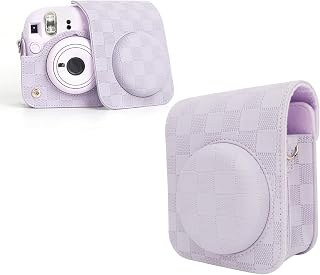 Capa InstantCamera para Fuji Instaxs Mini 12, Capa de Couro PU Com Alça de Ombro Ajustável, Capa Protetora Com Aba Superior Removível (Roxo)
