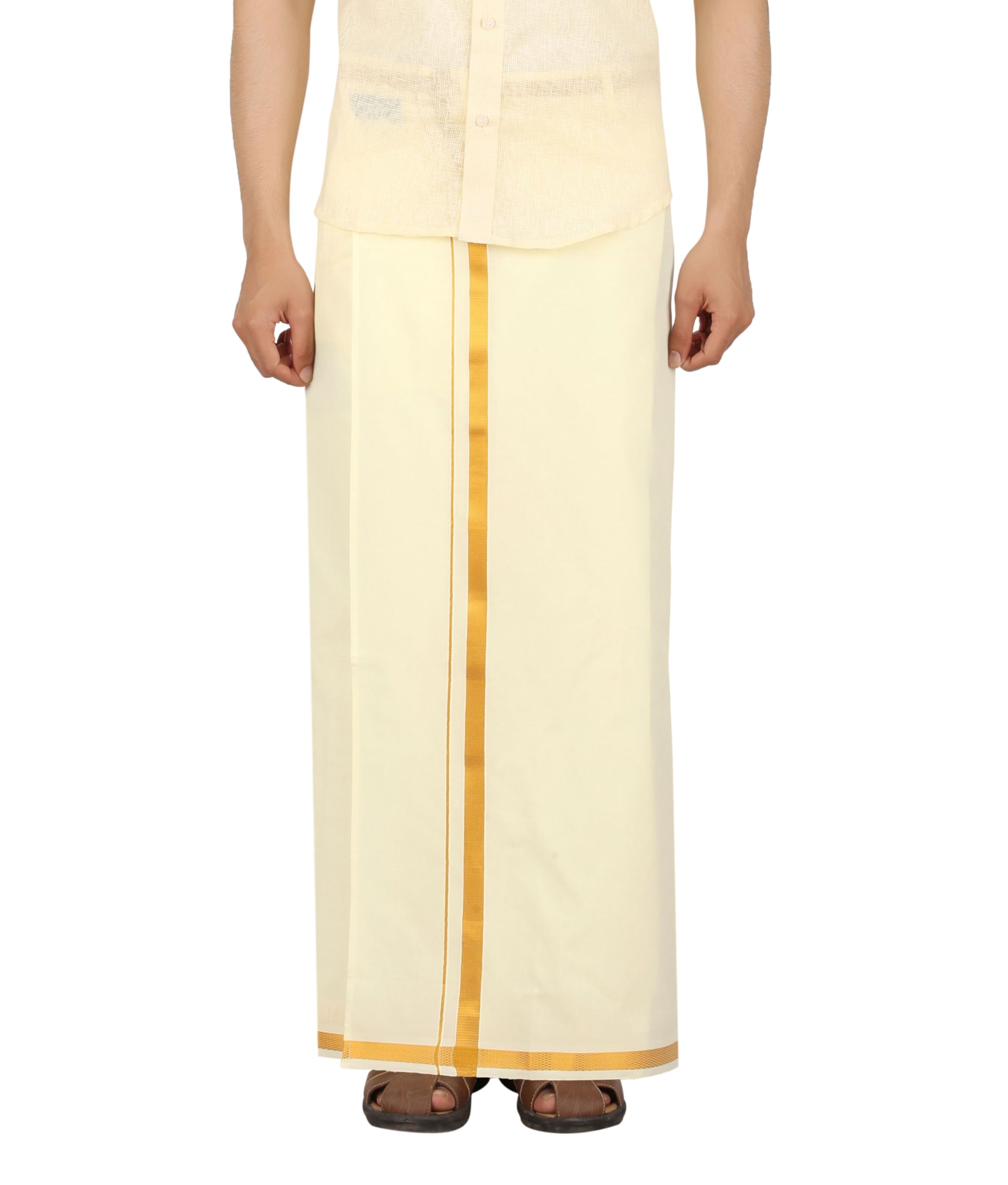 Prakasam Cotton Cream Colour-Gold Jari Border Welcro Pocket Stitched Dhoti For Mens/Size Hip -46 Inches- Length- 42 Inches