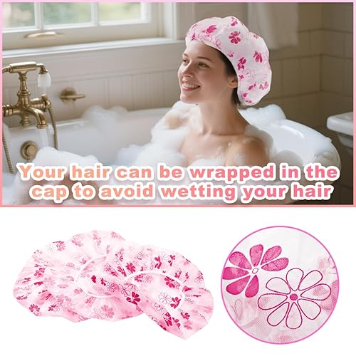 18 Pack Shower Caps - Waterproof Reusable for Women(Red Flowers)