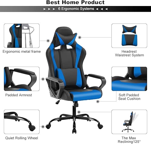 Miniatura 9 de Silla de juegos de respaldo alto, silla de computadora para adultos, adolescentes y niños, silla ergonómica de piel sintética con reposacabezas de