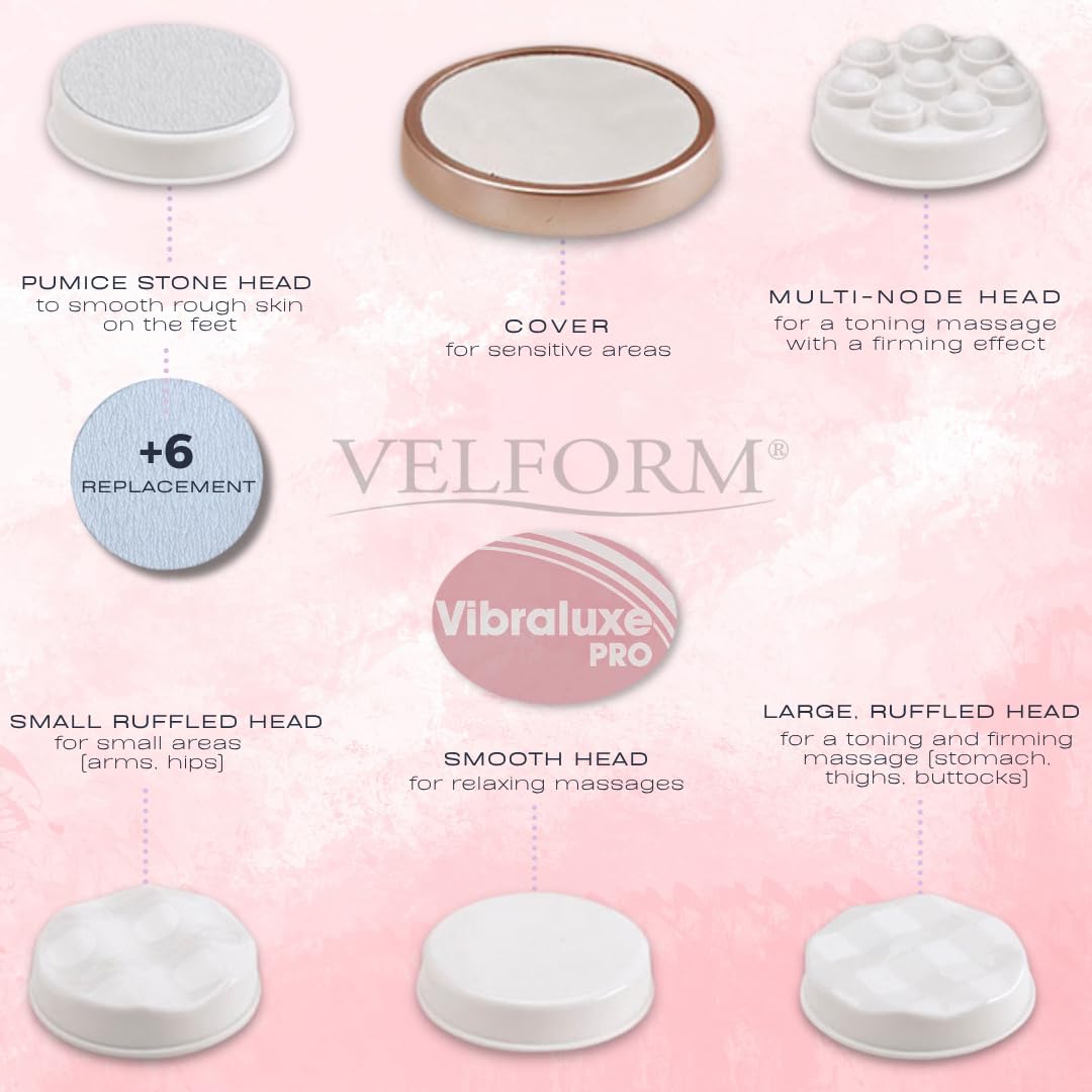 VELFORM Masajeador Anticelulítico Eléctrico Vibraluxe Pro + 6 Limas extra, 3000RPM, Masaje anticelulítico adelgazante, Piel más firme, Tonifica, relaja, Versatil, Libera tensión, 3 tipos de masajes