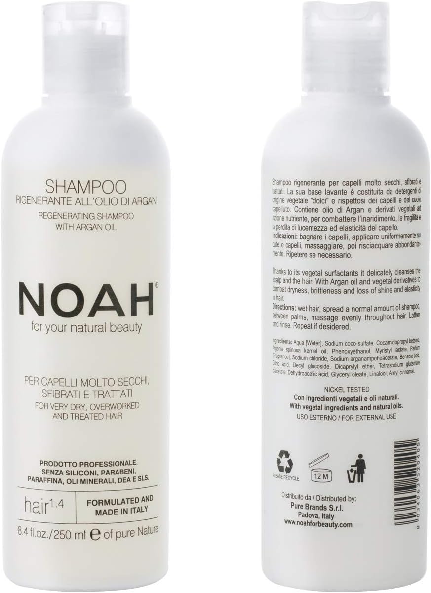 Noah Natural Regenerating Hair 1.4 Shampoo with Argan Oil For Very Dry, Damaged or Treated Hair, Vegan, Cruelty-Free, No Parabens & Silicone, Plant-Based Formula 250ml