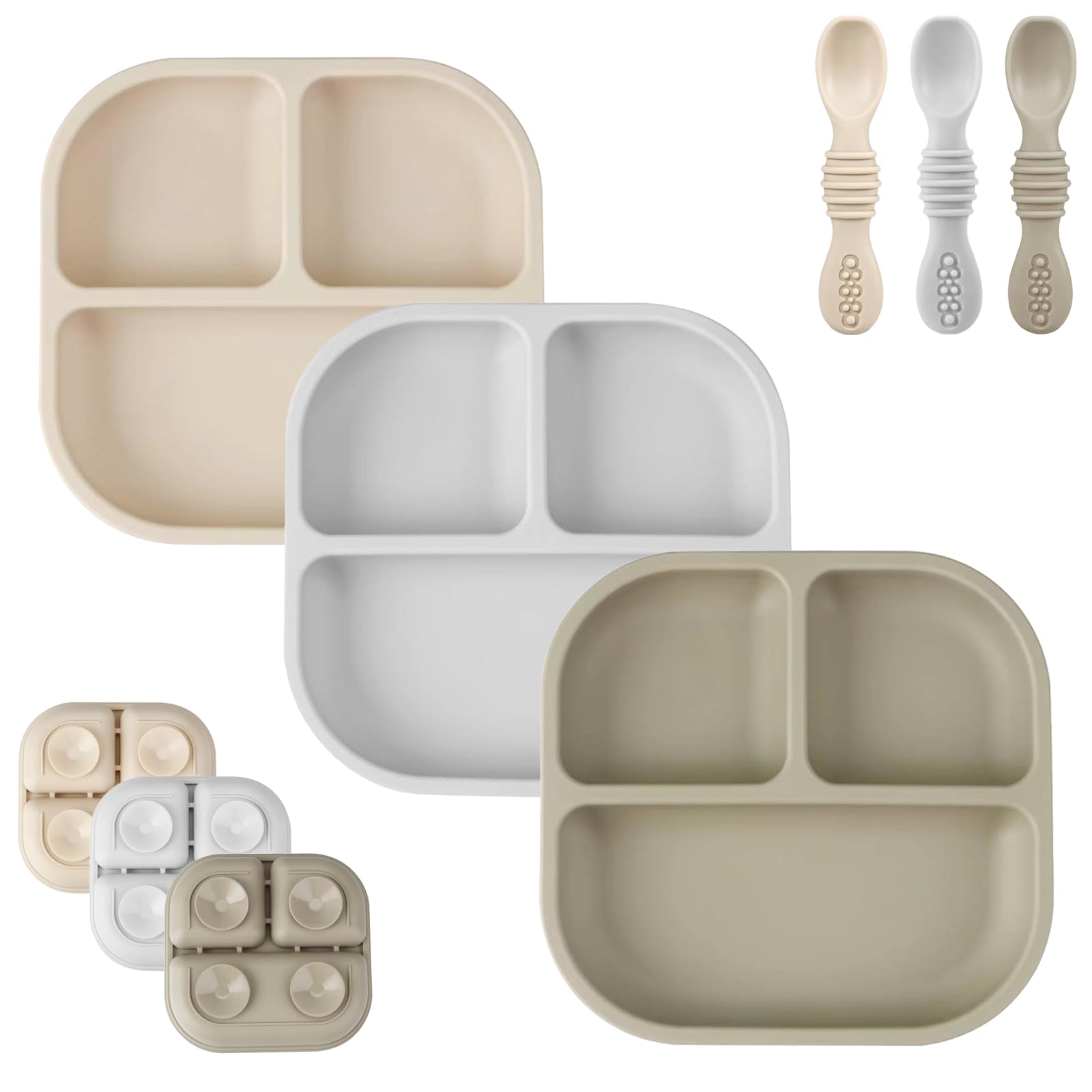 PandaEar 3 Stück Rutschfest Baby teller mit Saugnäpf und 3 Löffel, Unterteilt Kinderteller Set, Silikonteller Baby Saugnapf, Geteilte Esslernteller, BPA-frei