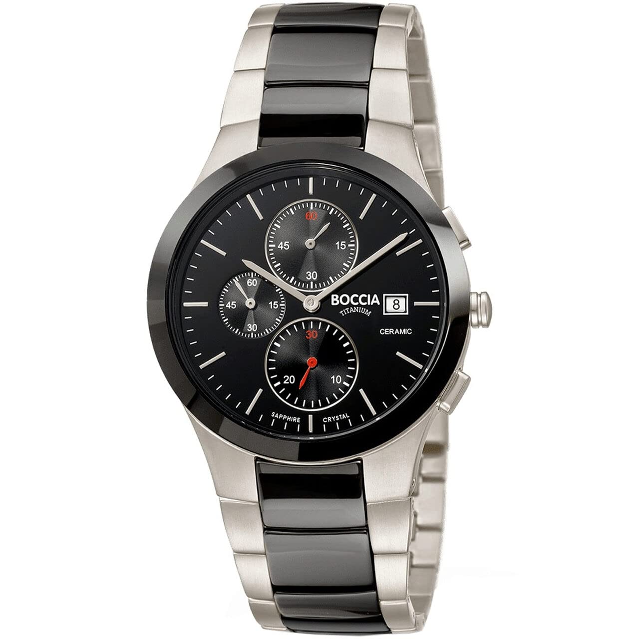 Boccia Herren Armbanduhr mit Gehäuse aus Titan, in der Farbe: Silber, Schwarz-silberfarbenem Keramikarmband, Gehäusedurchmesser: 39 mm, 3748-01