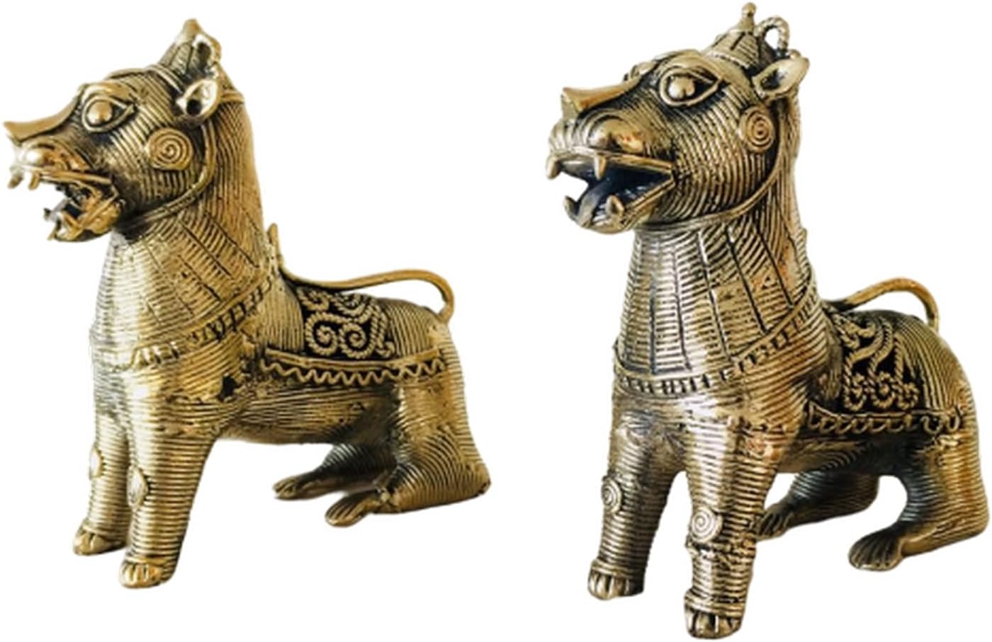 Arteastic Dhokra Brass intricately Designed Temple Lion Set DS-00-996 (12 cm x 6.5 cm x 12 cm, Gold)