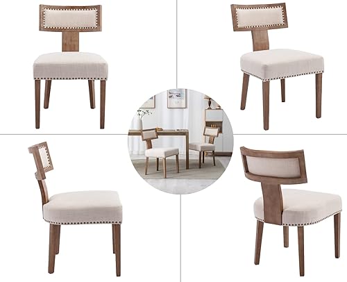 Miniatura 5 de EALSON Juego de 2 sillas de comedor modernas de mediados de siglo sillas de cocina tapizadas de lino con patas de madera y respaldo de ratán curvado