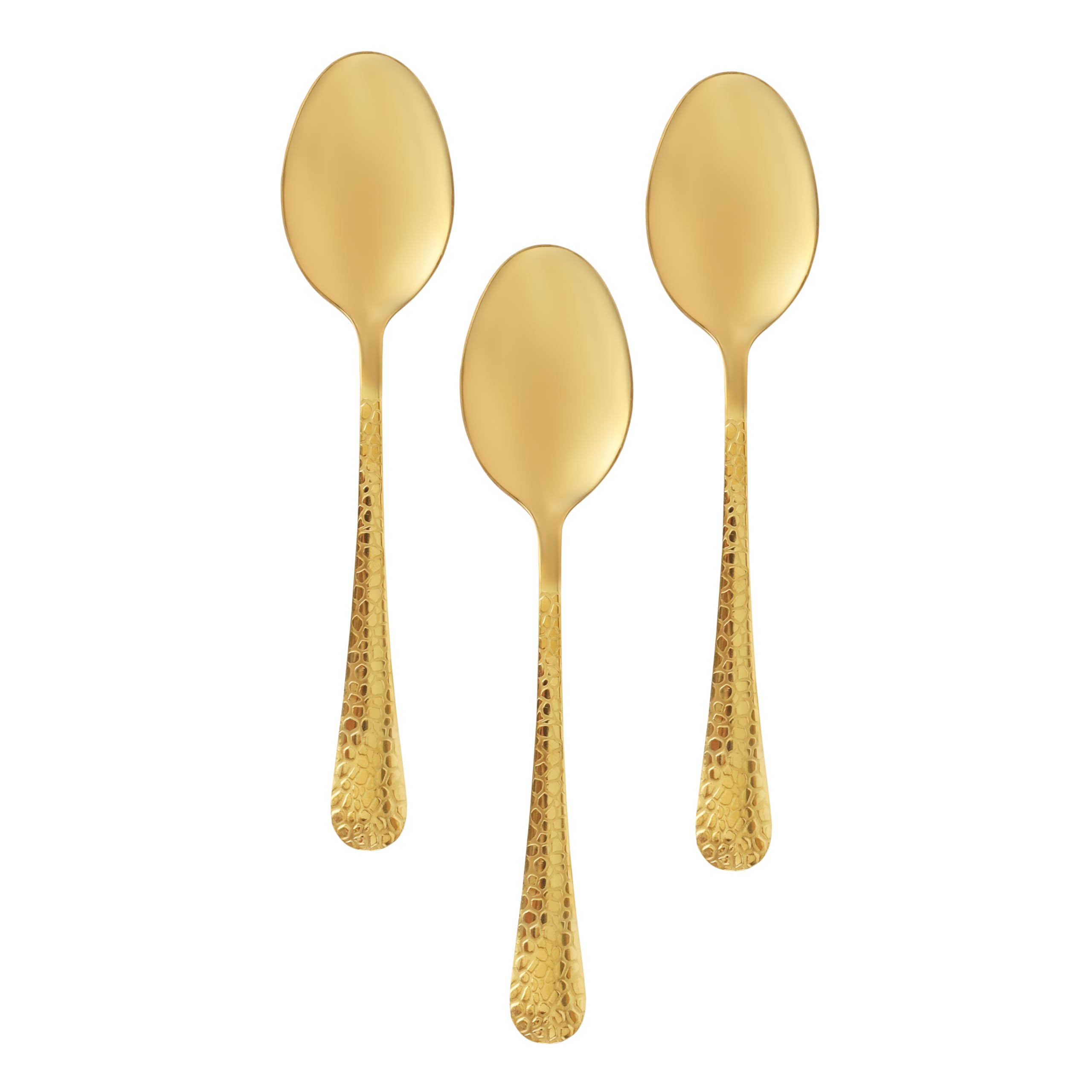 Royalford 3pcs Dessert Spoon RF11991 Stainless steel 18cm Stylish Golden Design with Hammer-Finish Handle Food Grade Suitable for Dining Table, Dishwasher Safe and Chip-Resistant Golden