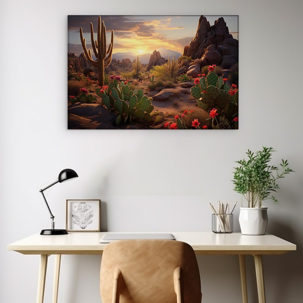 Canvas for Living room. Sunset Serenade in Cactus Country - A Dreamy Desert Tableau, 27 x 18 inch Canvas Wall Art - Contemporary Masterpieces - Modern Home Decor - 69x46 cm (27x18 inch)