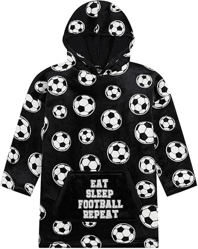 ThePyjamaFactory Felpa con cappuccio in pile per ragazzi con scritta "Eat Sleep Football", completamente foderata, in pile oversize, per bambini, Nero , 7-13 Years