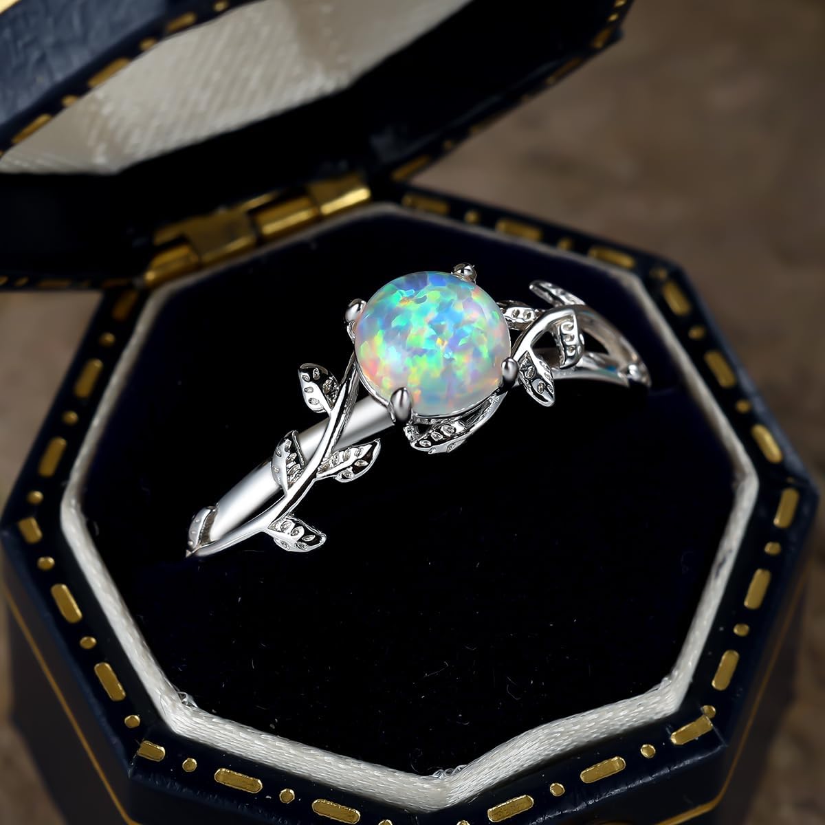 Natural Moss Agate Ring 925 Sterling Silver Leaf Ring Engagement Promise Rings for Women Jewelry Gift (6, Silver-Opal) - Image 4