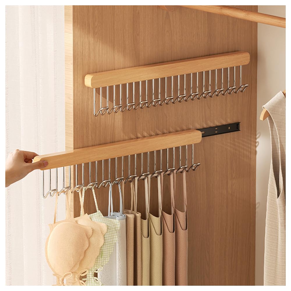 2 Pack Pull Out Belt Hanger for Closet, Wooden Tank Top Bra Hanger, Space Saving Coat Hooks Wall Mounted Hanging Organizer for Tie Belt Scarf Camisole (12 Hooks, Left Pull)