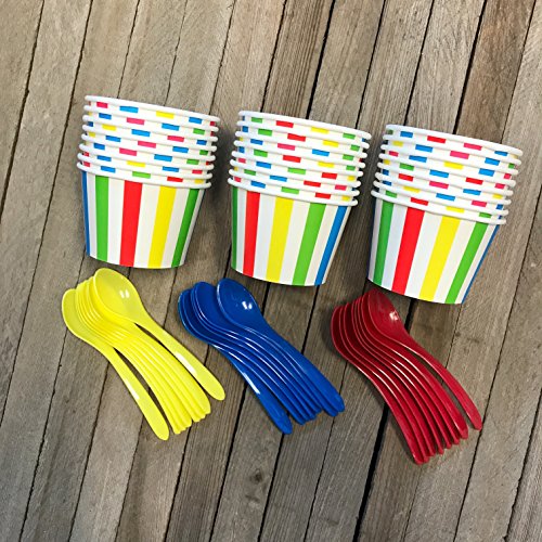 Circus Birthday Party Themed Ice Cream Kit - 8 Ounce Striped Paper Treat Cups - Plastic Spoons - 16 Each - Red, Blue, Yellow, White Ice Cream Sundae Kit #TOP3