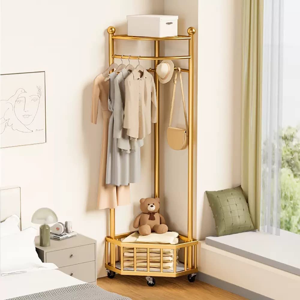 Aycdl B Meyebp Gold Rolling Coat Rack With Storage Asket Metal Corner Pants Hanger For Hallway Living Room Edroom - Stylish & Functional Nizer,