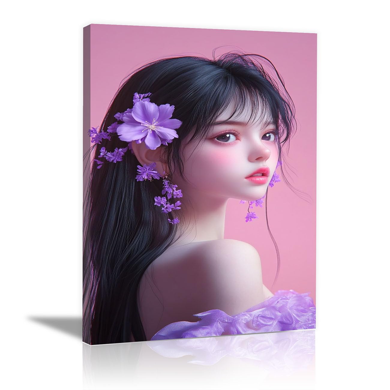 QUSAAOU Fashion Portrait Canvas Wall Art Girl Purple Floral Hair Close Portrait For Living Room Bedroom African American Decor For Home Afro Woman Poster And Prints(violet)-80x120cm1 Unframed