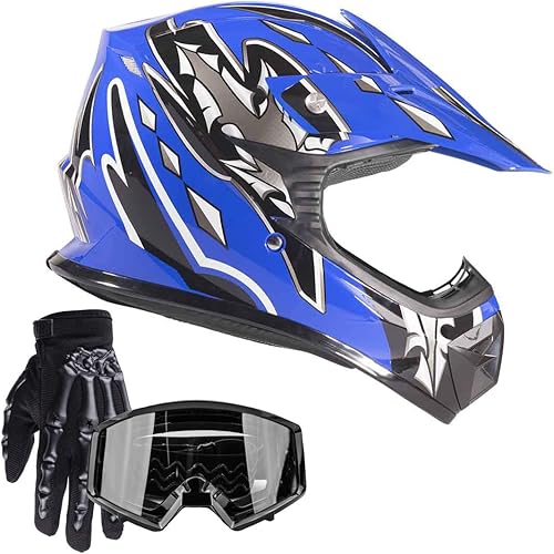 Typhoon - Guantes combinados de casco para niños y jóvenes y jóvenes, gafas, DOT, motocross, cuatrimoto, motocross, MX motocicleta, azul y negro,