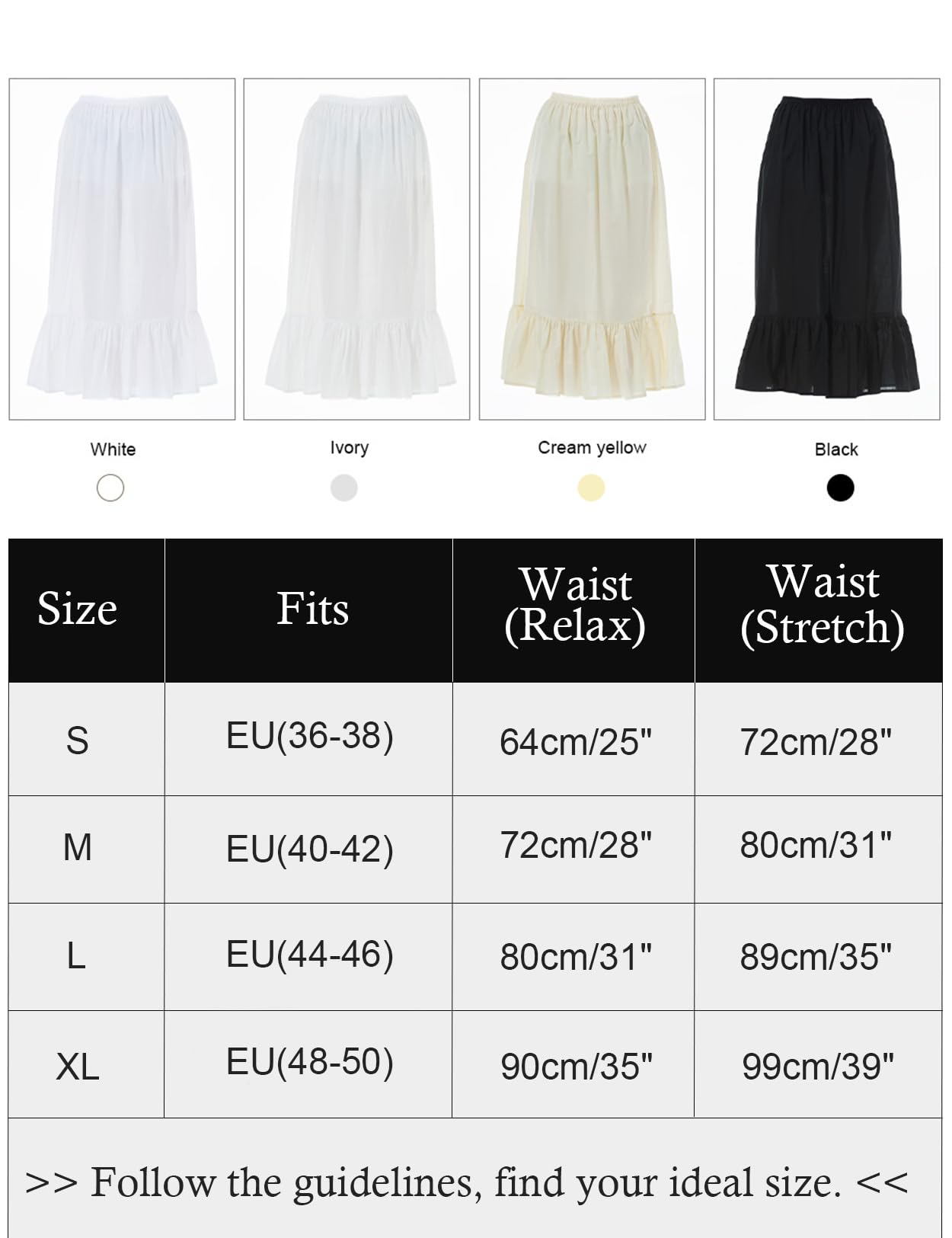 BEAUTELICATE Unterrock Damen 100% Baumwolle Lang Antistatisch Petticoat Halbrock Unterkleid für Kleid mit Rüschen Schwarz Elfenbein Weiß