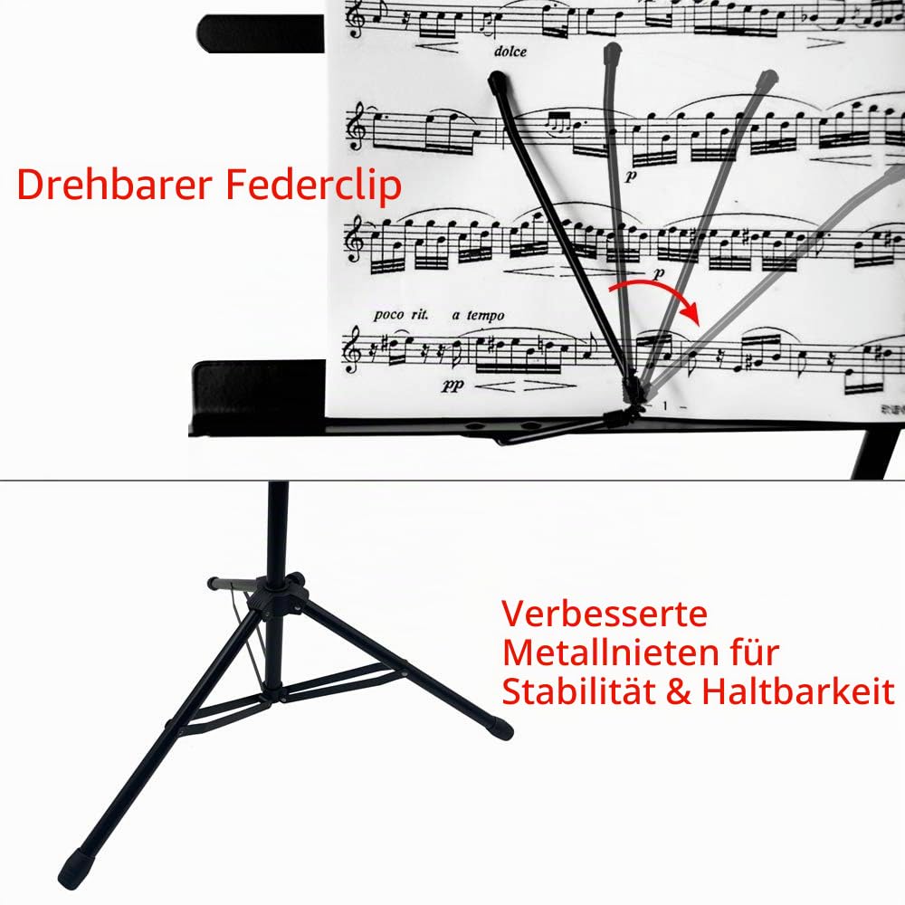 Rayzm Musik Notenständer, Robuster tragbarer klappbarer Metallständer mit Tragetasche, Einstellbare Höhe, Maximale Belastbarkeit 1,5kg, Leicht und Kompakt zum lagern und reisen