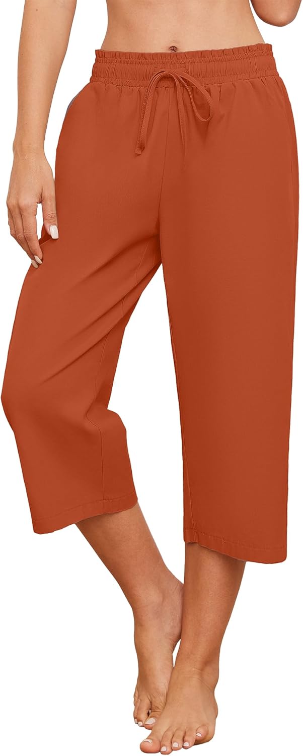 Larmliss Womens Capri Pants Casual Wide Leg Drawstring Elastic Waist Loose Lounge Cropped Pants with Pockets - Image 3
