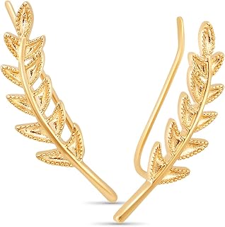 14K Gold Plated or Silver Tone Ear Crawler Earrings for Women - Delicate Leaf Ear Climbers, Hypoallergenic Ear Cuff Studs, Safe for Sensitive Ears