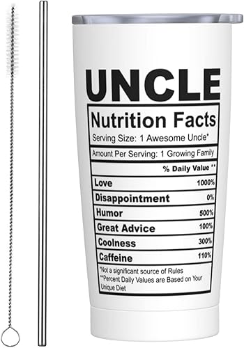 Uncle Nutrition Facts - Divertidos regalos de cumpleaños, Día del Padre, Navidad para tío hombres y él, taza de café novedosa taza de viaje botella