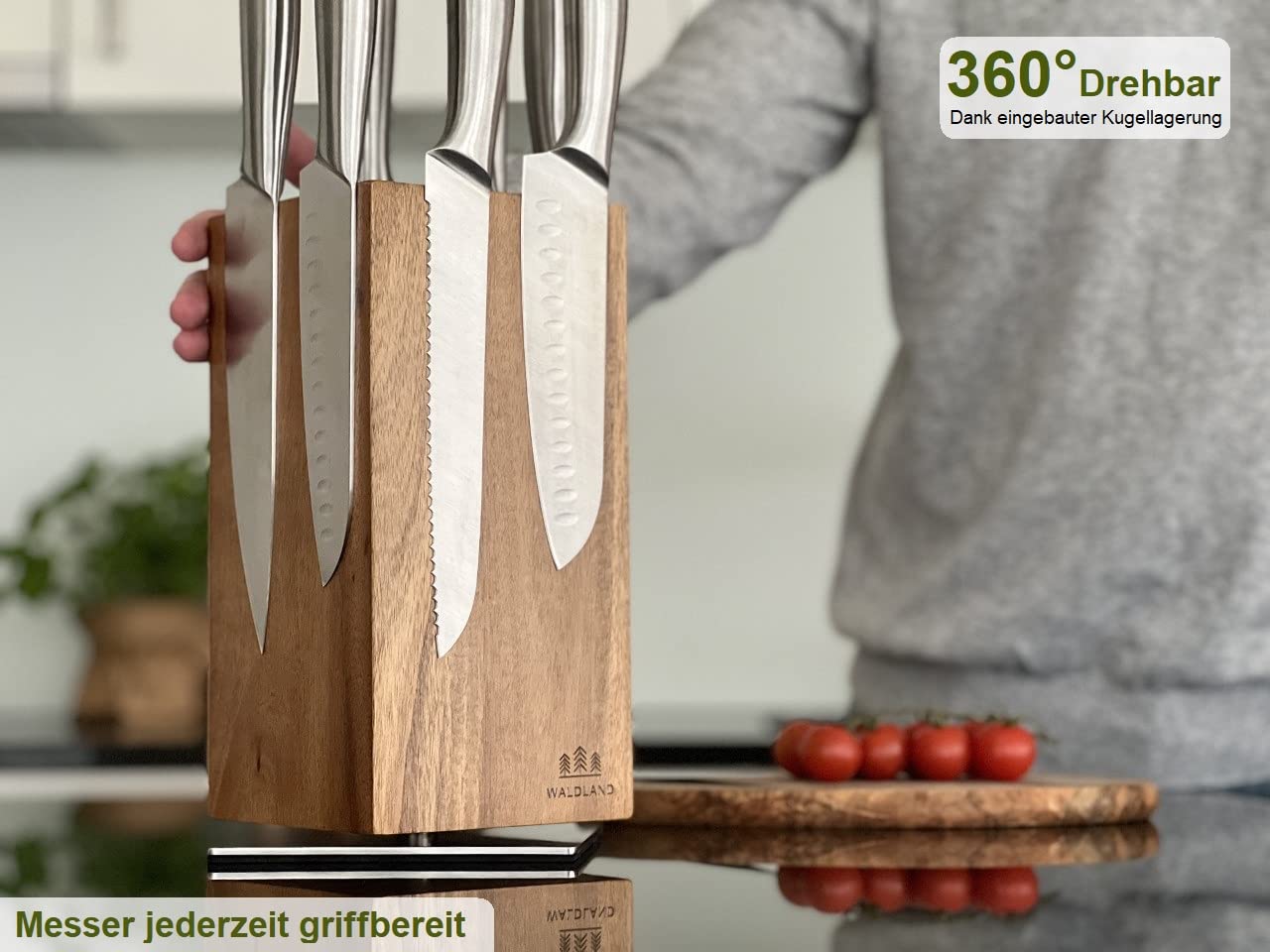 WALDLAND Bloc à couteaux de qualité supérieure sans couteau,Bloc à couteaux magnétique et rotatif à 360°,En bois d'acacia élégant et robuste,Bloc en bois,Organiseur de cuisine