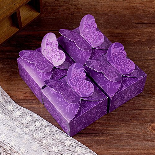 Krismile 50 Pcs Shiny Glitter Sparkling Butterfly Diy Square Wedding Bridal Party Favor Candy Gift Boxes (Purple) #TOP4