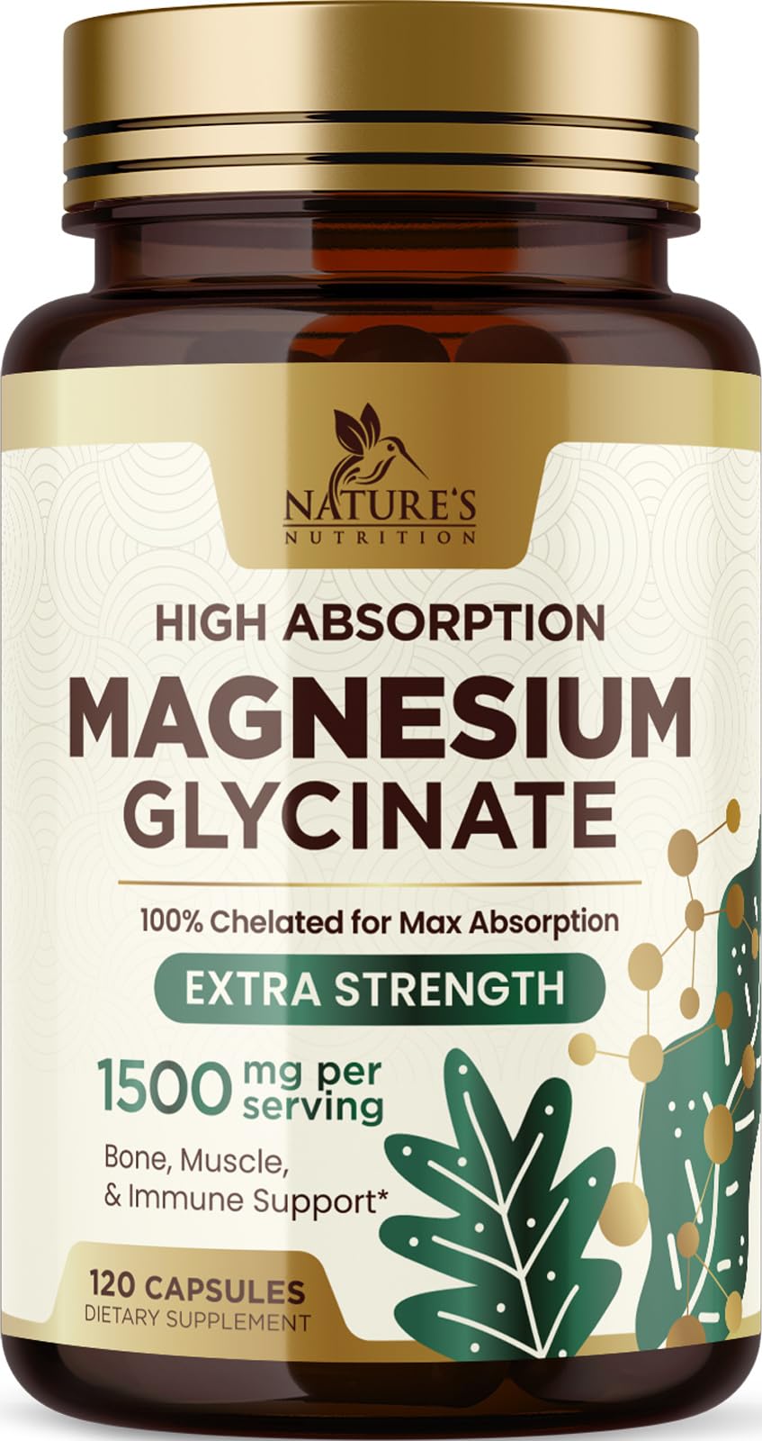 Magnesium Glycinate 1500mg - 100% Chelated - High Absorption Magnesium Glycinate 500mg Per Capsule - Sleep, Heart Health, Bone, & Muscle Support Supplement - Vegan - Bottled in the USA - 120 Capsules 120 Count (Pack of 1)