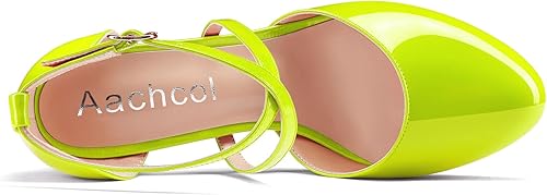 Miniatura 4 de Aachcol Zapatos de vestir de tacón alto con punta redonda para mujer, con correa de tobillo y tacón alto grueso, patente de boda, 4 pulgadas