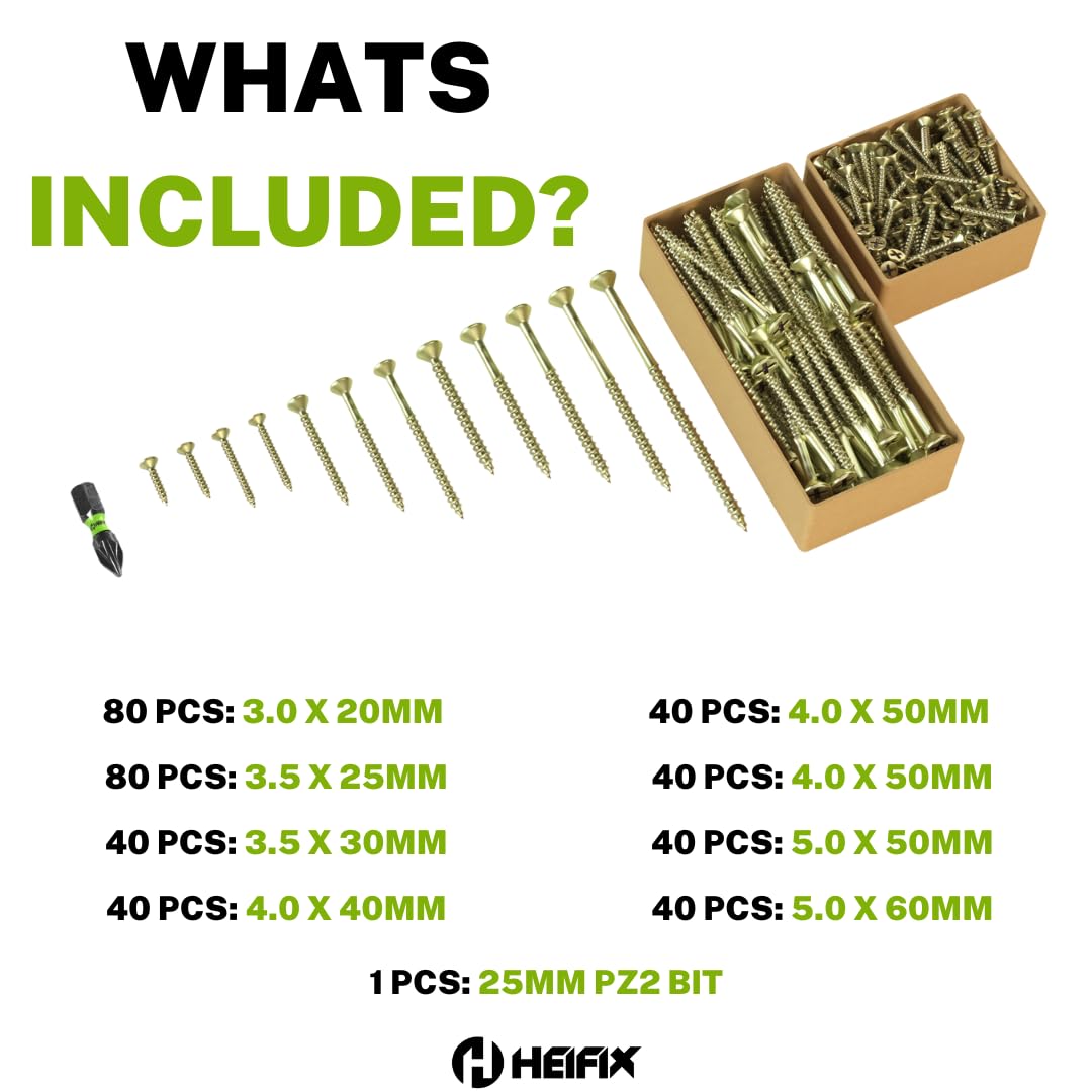 Heifix 400-Piece Wood Screw Assortment Set in Eco Storage Box, FREE Screw Bit Included, Double Countersunk, Pozi, Yellow Zinc - Image 2