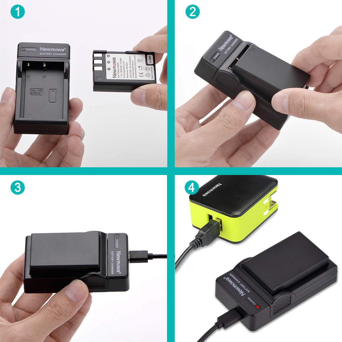 Newmowa EN-EL9 EN-EL9a Bateria (2szt) i Przenośna Ładowarka USB do Nikon | kompatybilny z Nikon EN-EL9 EN-EL9a i Nikon D40, D40X, D60, D3000, D5000