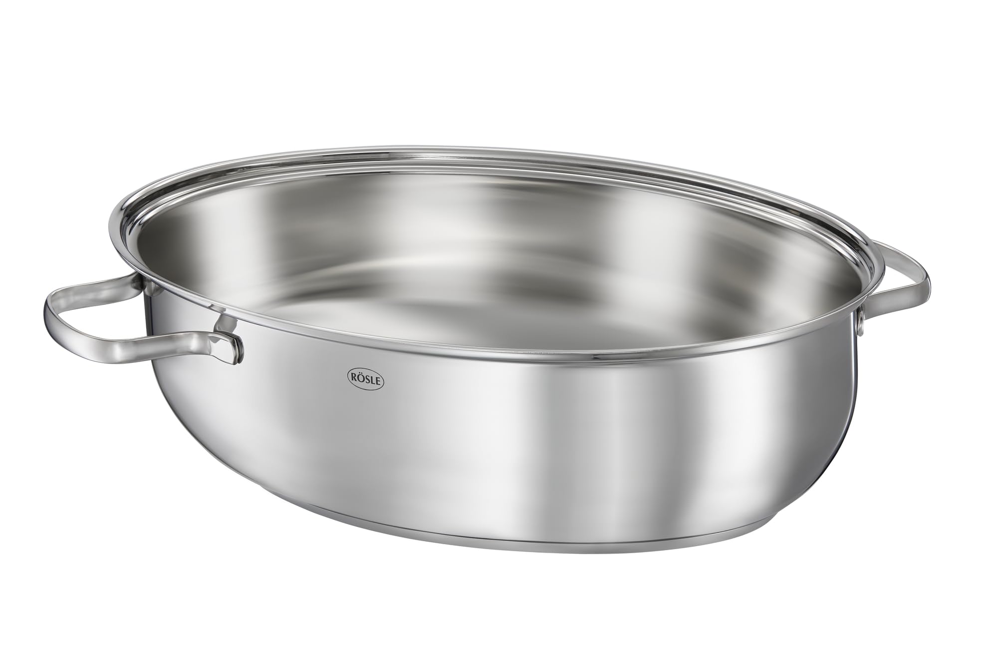 RÖSLE Elegance - Rostiera Ovale di Alta qualità con Coperchio in Vetro, in Acciaio Inox 18/10, Colore: Argento, Adatta al Forno a induzione