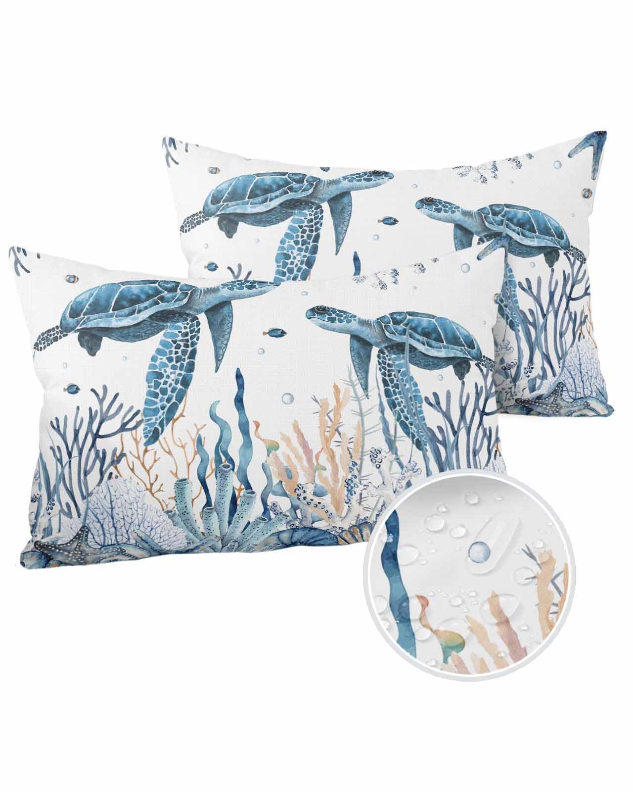 Boanket Lumbar Pillow Covers 12 x 20 in, Blue Sea Turtle Waterproof Throw Pillow Cover Set of 2, Beach Coral Nautical Coastal Shell Home Decorative Rectangle Cushion Covers for Patio/Couch/Garden